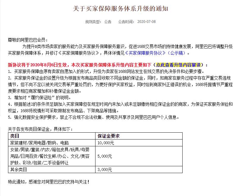 關(guān)于阿里巴巴中國(guó)站買(mǎi)家保障服務(wù)體系升級(jí)的通知,賣(mài)家的保證金又提升了！